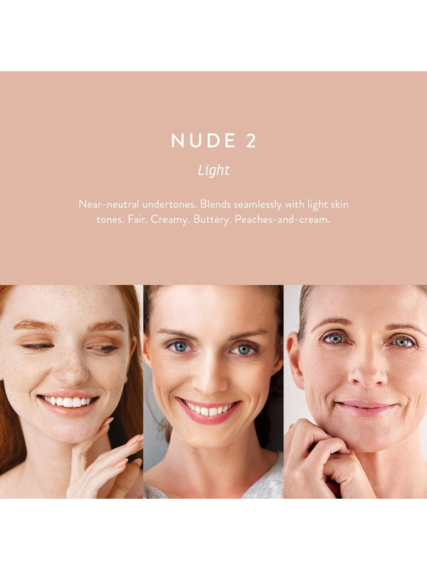 Luk Beautifood Instant Glow Skin Tint Nude 2 Light shown on three compatible skin tones