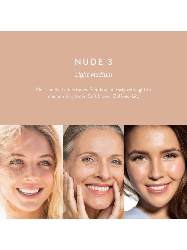 Luk Beautifood Instant Glow Skin Tint Nude 3 Light Medium shown on three compatible skin tones