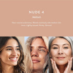 Luk Beautifood Instant Glow Skin Tint Nude 4 Medium shown on three compatible skin tones