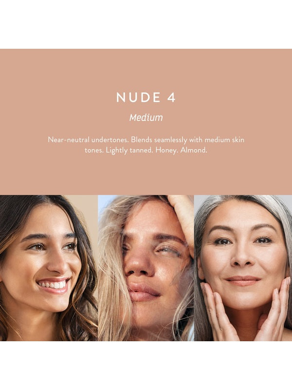 Luk Beautifood Instant Glow Skin Tint Nude 4 Medium shown on three compatible skin tones
