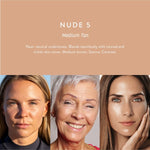 Luk Beautifood Instant Glow Skin Tint Nude 5 Medium Tan shown on three compatible skin tones