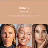 Luk Beautifood Instant Glow Skin Tint Nude 5 Medium Tan shown on three compatible skin tones