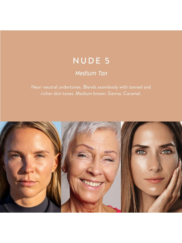 Luk Beautifood Instant Glow Skin Tint Nude 5 Medium Tan shown on three compatible skin tones