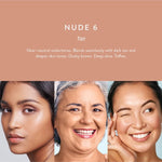 Luk Beautifood Instant Glow Skin Tint Nude 6 Tan shown on three compatible skin tones