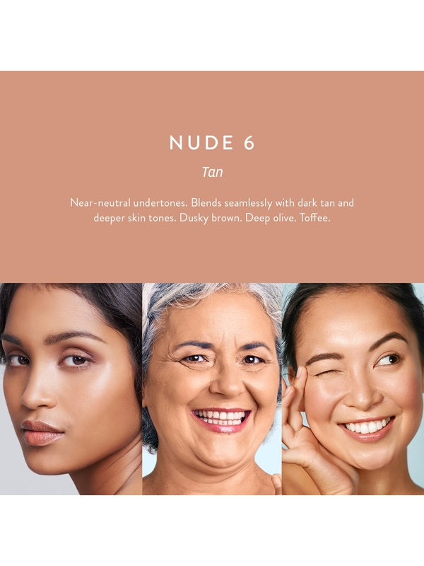 Luk Beautifood Instant Glow Skin Tint Nude 6 Tan shown on three compatible skin tones