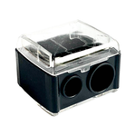 Black rectangular Luk Beautifood lip-crayon sharpener with a clear lid and two circular sharpening holes of different sizes.