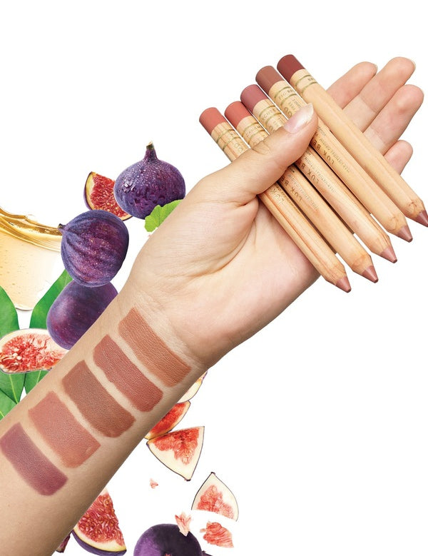 Luk Beautifood Lipstick Crayons held across a hand with all five shades swatched on an arm