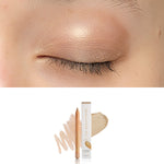 Luk Beautifood Luminous Eye Crayon in Champagne: close-up of the shade on an eyelid above the matching crayon, carton and pigment swatch. Champagne is labelled at the bottom.