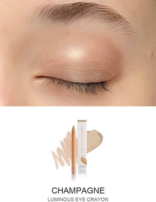 Luk Beautifood Luminous Eye Crayon in Champagne: close-up of the shade on an eyelid above the matching crayon, carton and pigment swatch. Champagne is labelled at the bottom.
