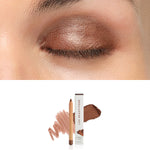 Luk Beautifood Luminous Eye Crayon in Cocoa: close-up of the shade on an eyelid above the matching crayon, carton and pigment swatch. Cocoa is labelled at the bottom.