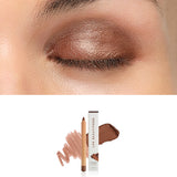 Luk Beautifood Luminous Eye Crayon in Cocoa: close-up of the shade on an eyelid above the matching crayon, carton and pigment swatch. Cocoa is labelled at the bottom.