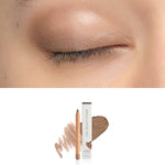 Luk Beautifood Luminous Eye Crayon in Mushroom: close-up of the shade on an eyelid above the matching crayon, carton and pigment swatch. Mushroom is labelled at the bottom.