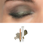 Luk Beautifood Luminous Eye Crayon in Olive: close-up of the shade on an eyelid above the matching crayon, carton and pigment swatch. Olive is labelled at the bottom.