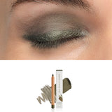 Luk Beautifood Luminous Eye Crayon in Olive: close-up of the shade on an eyelid above the matching crayon, carton and pigment swatch. Olive is labelled at the bottom.