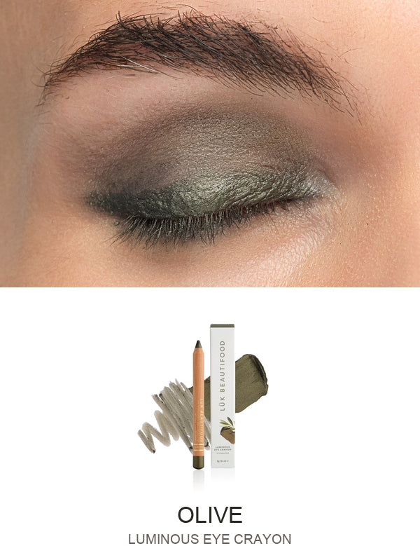 Luk Beautifood Luminous Eye Crayon in Olive: close-up of the shade on an eyelid above the matching crayon, carton and pigment swatch. Olive is labelled at the bottom.