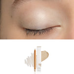 Luk Beautifood Luminous Eye Crayon in Pearl: close-up of the shade on an eyelid above the matching crayon, carton and pigment swatch. Pearl is labelled at the bottom.