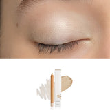 Luk Beautifood Luminous Eye Crayon in Pearl: close-up of the shade on an eyelid above the matching crayon, carton and pigment swatch. Pearl is labelled at the bottom.
