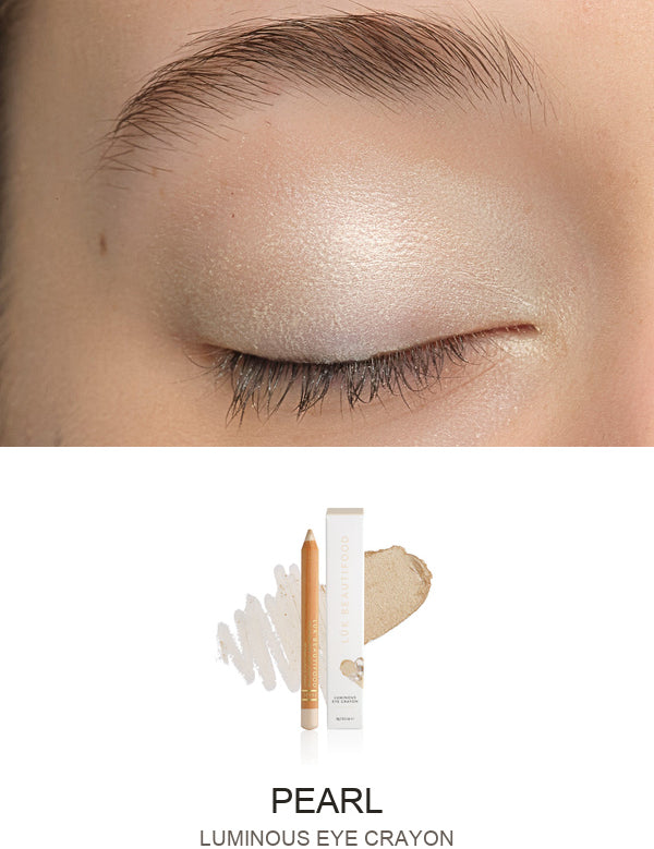 Luk Beautifood Luminous Eye Crayon in Pearl: close-up of the shade on an eyelid above the matching crayon, carton and pigment swatch. Pearl is labelled at the bottom.
