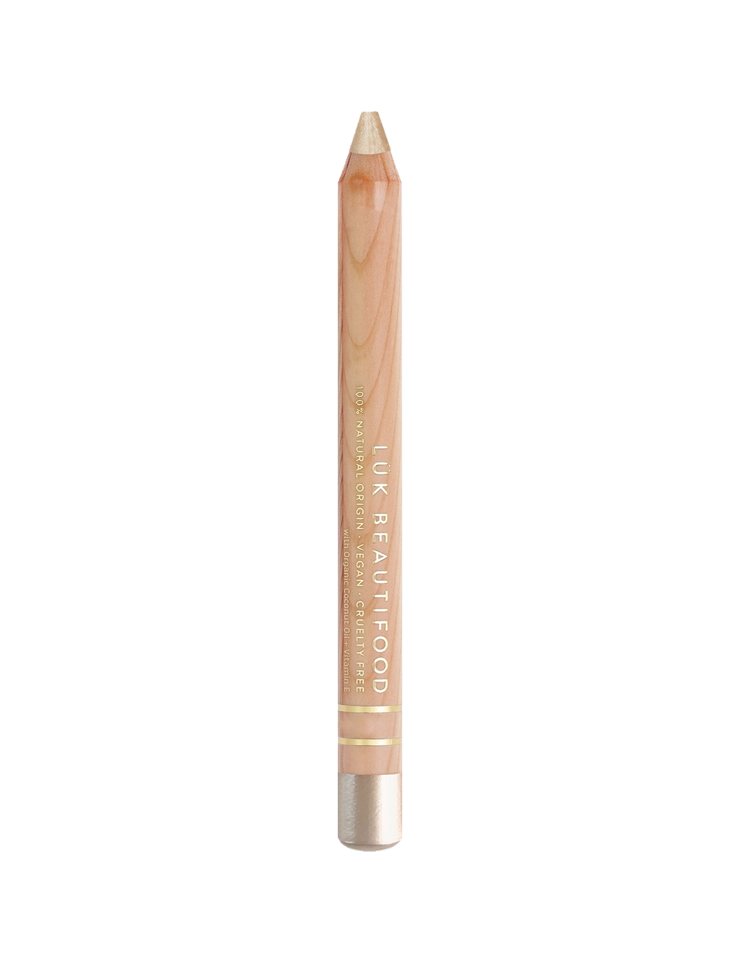 Luk Beautifood Luminous Eye Crayon in Pearl, shown upright on white with a natural wood barrel, gold lettering, pale vanilla-gold tip and silver-coloured end.