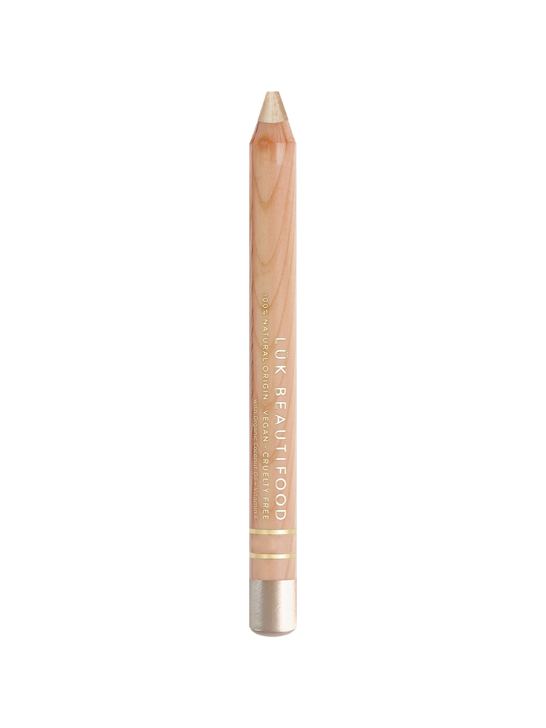Luk Beautifood Luminous Eye Crayon in Pearl, shown upright on white with a natural wood barrel, gold lettering, pale vanilla-gold tip and silver-coloured end.