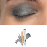 Luk Beautifood Luminous Eye Crayon in Smoke: close-up of the shade on an eyelid above the matching crayon, carton and pigment swatch. Smoke is labelled at the bottom.