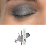 Luk Beautifood Luminous Eye Crayon in Smoke: close-up of the shade on an eyelid above the matching crayon, carton and pigment swatch. Smoke is labelled at the bottom.