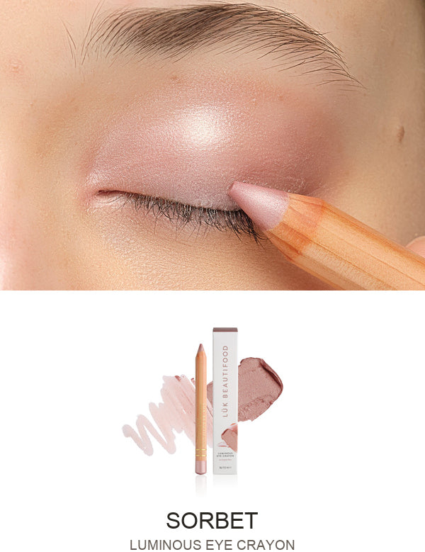 Luk Beautifood Luminous Eye Crayon in Sorbet: close-up of the shade on an eyelid above the matching crayon, carton and pigment swatch. Sorbet is labelled at the bottom.