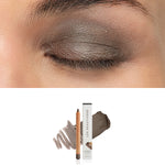 Luk Beautifood Luminous Eye Crayon in Truffle: close-up of the shade on an eyelid above the matching crayon, carton and pigment swatch. Truffle is labelled at the bottom.