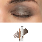 Luk Beautifood Luminous Eye Crayon in Truffle: close-up of the shade on an eyelid above the matching crayon, carton and pigment swatch. Truffle is labelled at the bottom.