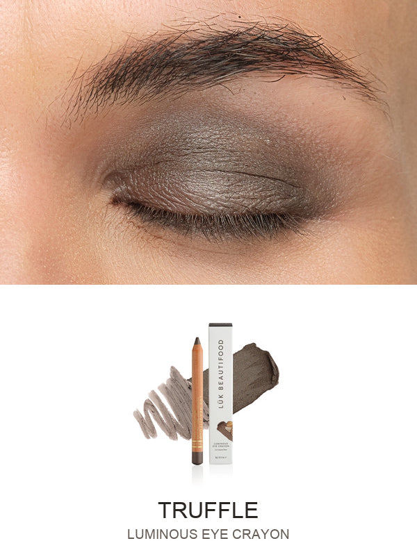 Luk Beautifood Luminous Eye Crayon in Truffle: close-up of the shade on an eyelid above the matching crayon, carton and pigment swatch. Truffle is labelled at the bottom.