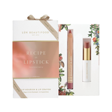 Luk Beautifood Recipe of a Lipstick Gift Set: ribboned white and rose-gold box beside an open botanical-print tray holding Tea Rose Lip Nourish and Lychee Sorbet Lipstick Crayon.