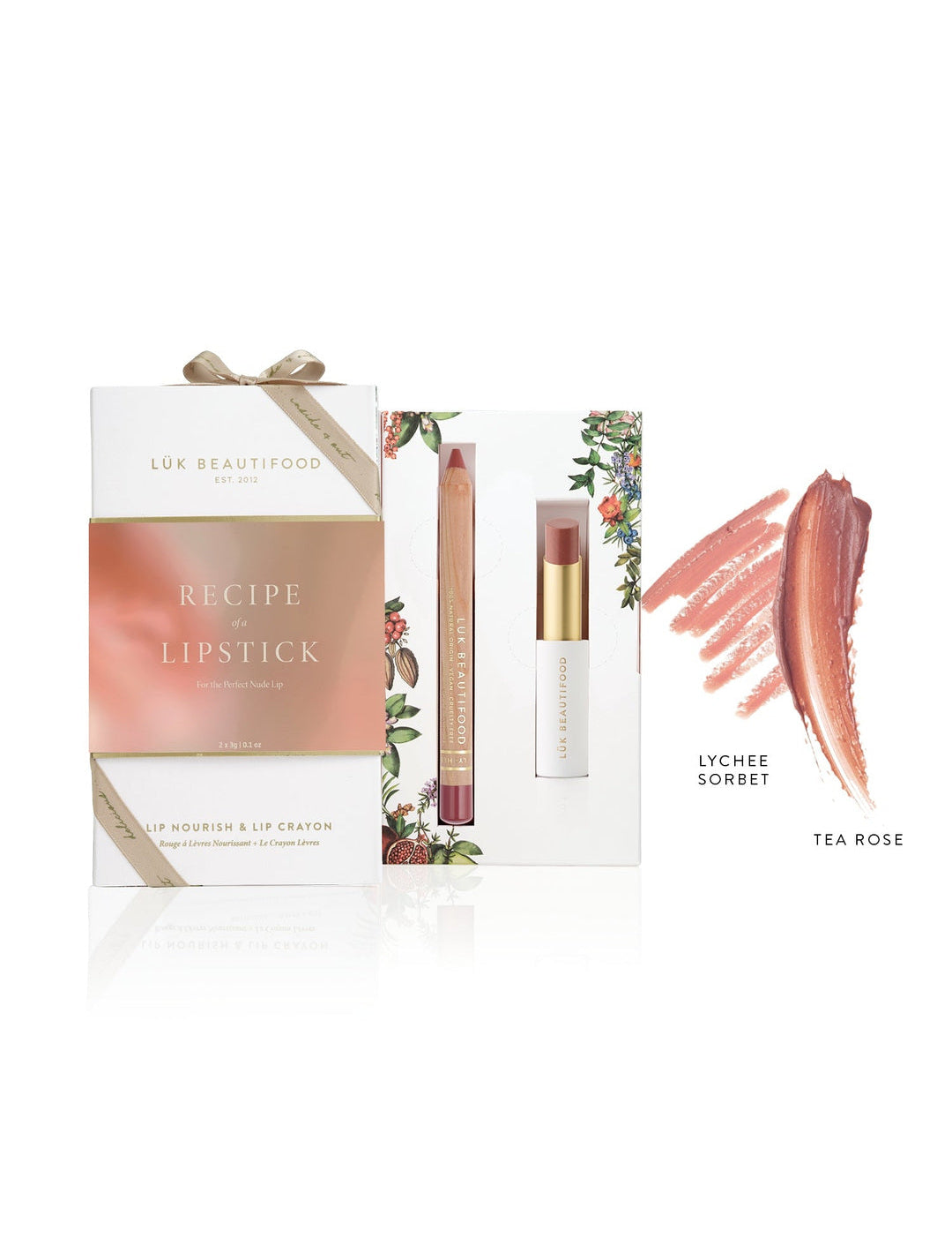 Recipe of a Lipstick Gift Set with its ribboned box, Tea Rose lipstick and Lychee Sorbet lip crayon, alongside labelled dusty-rose and peach-pink colour swatches.