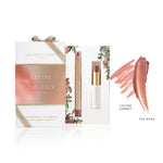 Recipe of a Lipstick Gift Set with its ribboned box, Tea Rose lipstick and Lychee Sorbet lip crayon, alongside labelled dusty-rose and peach-pink colour swatches.