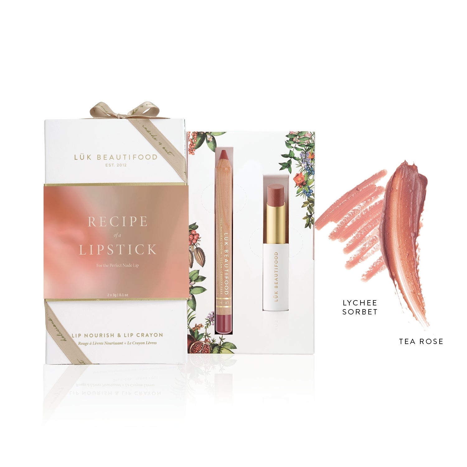 Recipe of a Lipstick Gift Set with its ribboned box, Tea Rose lipstick and Lychee Sorbet lip crayon, alongside labelled dusty-rose and peach-pink colour swatches.