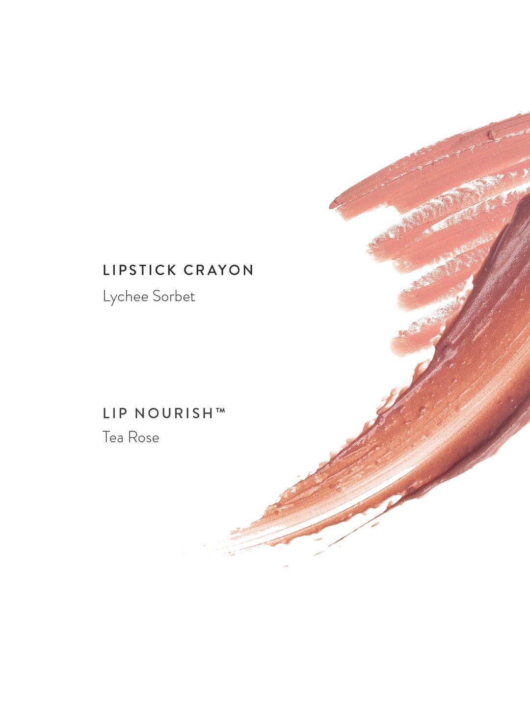 Luk Beautifood lip colour comparison: fine peach-pink strokes labelled Lychee Sorbet Lipstick Crayon beside a creamy dusty-rose smear labelled Tea Rose Lip Nourish.