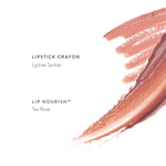 Luk Beautifood lip colour comparison: fine peach-pink strokes labelled Lychee Sorbet Lipstick Crayon beside a creamy dusty-rose smear labelled Tea Rose Lip Nourish.