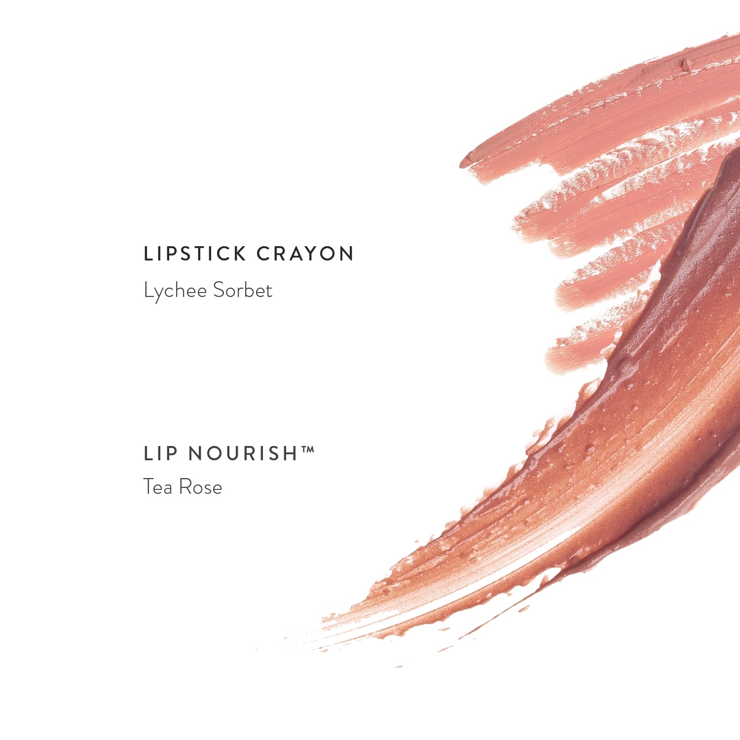 Luk Beautifood lip colour comparison: fine peach-pink strokes labelled Lychee Sorbet Lipstick Crayon beside a creamy dusty-rose smear labelled Tea Rose Lip Nourish.