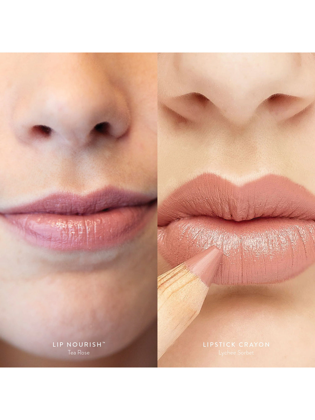 Side-by-side lip close-ups show Tea Rose Lip Nourish with a sheer rosy shine and Lychee Sorbet Lipstick Crayon creating a fuller peach-pink lip colour.