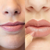 Side-by-side lip close-ups show Tea Rose Lip Nourish with a sheer rosy shine and Lychee Sorbet Lipstick Crayon creating a fuller peach-pink lip colour.