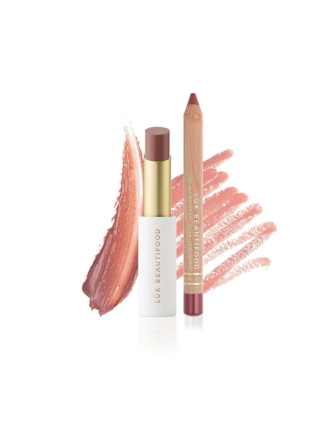 Tea Rose Lip Nourish lipstick and Lychee Sorbet Lipstick Crayon standing together against matching creamy rose and peach-pink colour strokes.