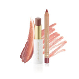 Tea Rose Lip Nourish lipstick and Lychee Sorbet Lipstick Crayon standing together against matching creamy rose and peach-pink colour strokes.