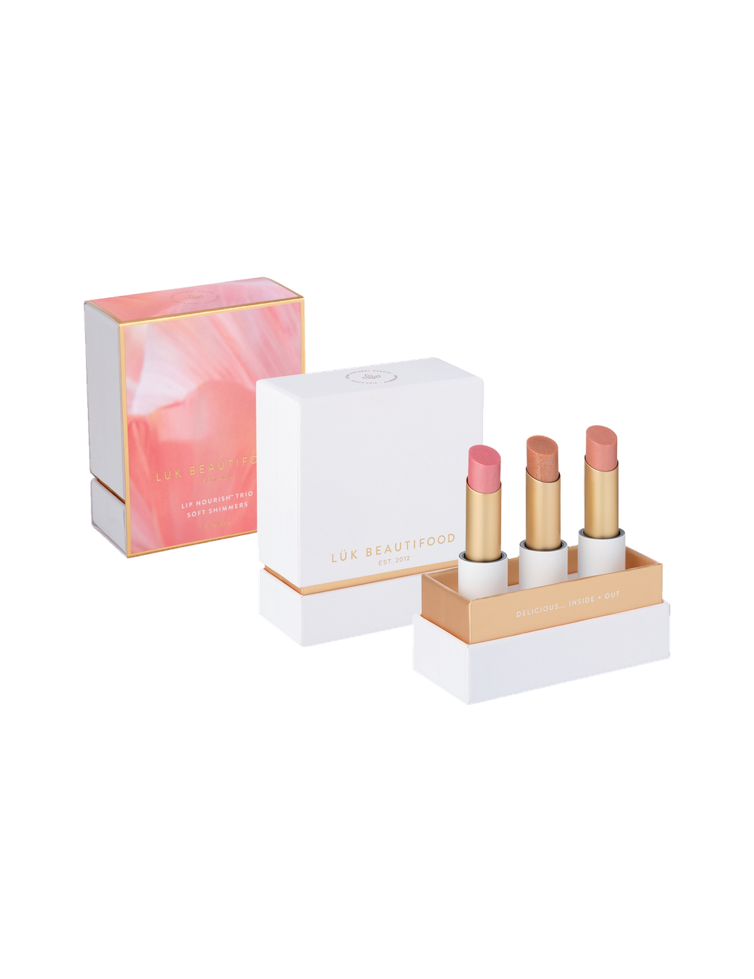 Luk Beautifood Sheer Delight Lip Nourish Trio on white: Chai Shimmer, Guava Blush and Nude Sugar lipsticks in an open presentation box beside a pink-and-gold sleeve labelled Soft Shimmers.