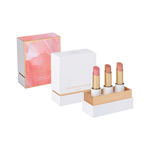 Luk Beautifood Sheer Delight Lip Nourish Trio on white: Chai Shimmer, Guava Blush and Nude Sugar lipsticks in an open presentation box beside a pink-and-gold sleeve labelled Soft Shimmers.
