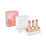 Luk Beautifood Sheer Delight Lip Nourish Trio on white: Chai Shimmer, Guava Blush and Nude Sugar lipsticks in an open presentation box beside a pink-and-gold sleeve labelled Soft Shimmers.
