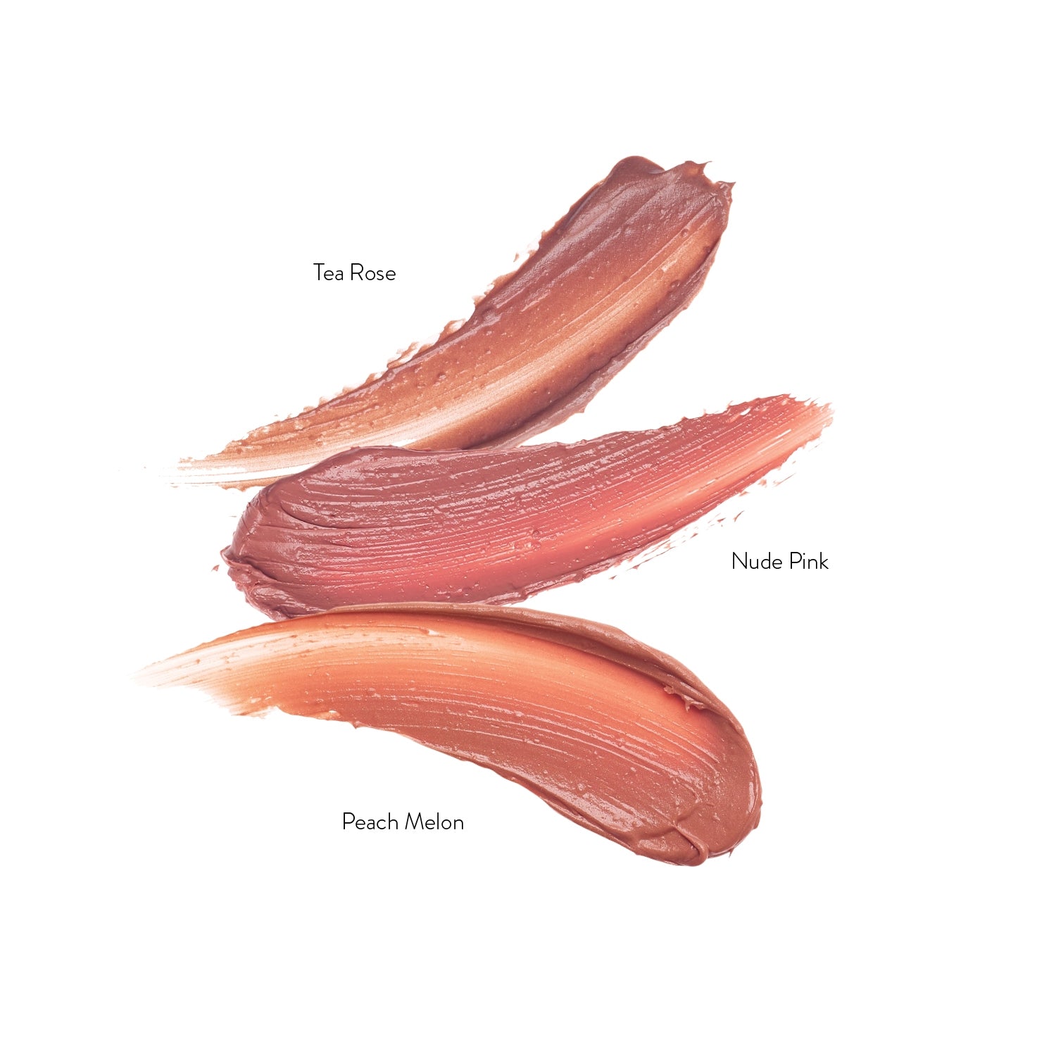 Perfect Nudes Lip Nourish Trio shade swatches: Tea Rose in dusky rose, Nude Pink in soft pink and Peach Melon in warm peach, each labelled beside a creamy colour smear.
