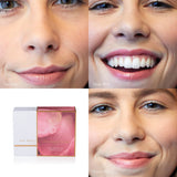 Perfect Nudes shade comparison with three lip close-ups labelled Tea Rose, Nude Pink and Peach Melon, alongside the boxed Lip Nourish Trio.