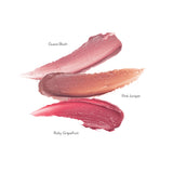 Buttery Pinks Lip Nourish Trio swatches labelled Guava Blush, Pink Juniper and Ruby Grapefruit, showing soft pink, warm rosy nude and deeper raspberry-pink tones.