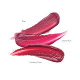 Luscious Reds Lip Nourish Trio swatches labelled Rosé, Cherry Plum and Cranberry Citrus, showing wine-rose, vivid berry-red and rich cranberry-red colour.