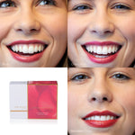Luscious Reds shade comparison with three smiling lip close-ups labelled Rosé, Cherry Plum and Cranberry Citrus, alongside the boxed Lip Nourish Trio.
