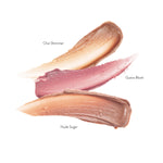 Sheer Delight Lip Nourish Trio swatches labelled Chai Shimmer, Guava Blush and Nude Sugar, showing golden shimmer, soft pink and warm nude colour.